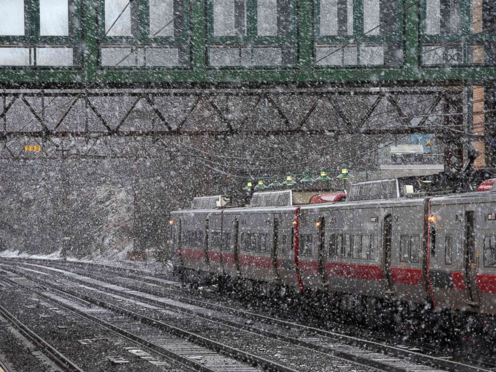 PHOTO: A New Haven Line Metro North train makes its way around a turn at the Metro North Station in Greenwich, Conn., March 13, 2018, as New Englands third noreaster in less than two weeks hits the area with the heaviest snow in the Boston area.