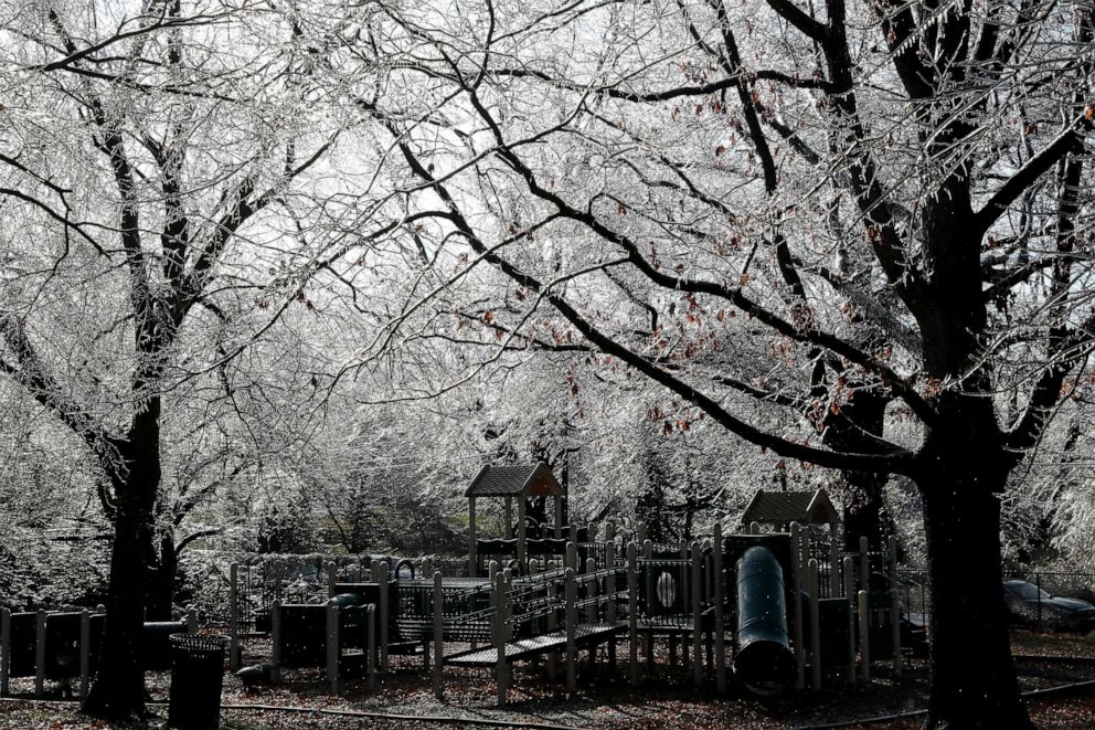 PHOTO: Ice coats a playground and the surrounding trees in Englewood, N.J., Dec. 18, 2019.