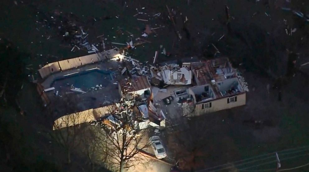 PHOTO: A structure is damaged after a tornado touched down in Wayne, Okla., Dec. 13, 2022.