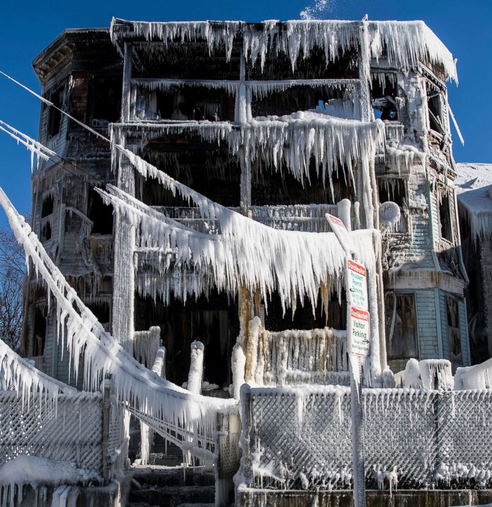 PHOTO: An overnight 5 alarm fire in the Dorchester neighborhood was fought in icy cold temperatures and high winds, Boston, Jan. 7, 2018.