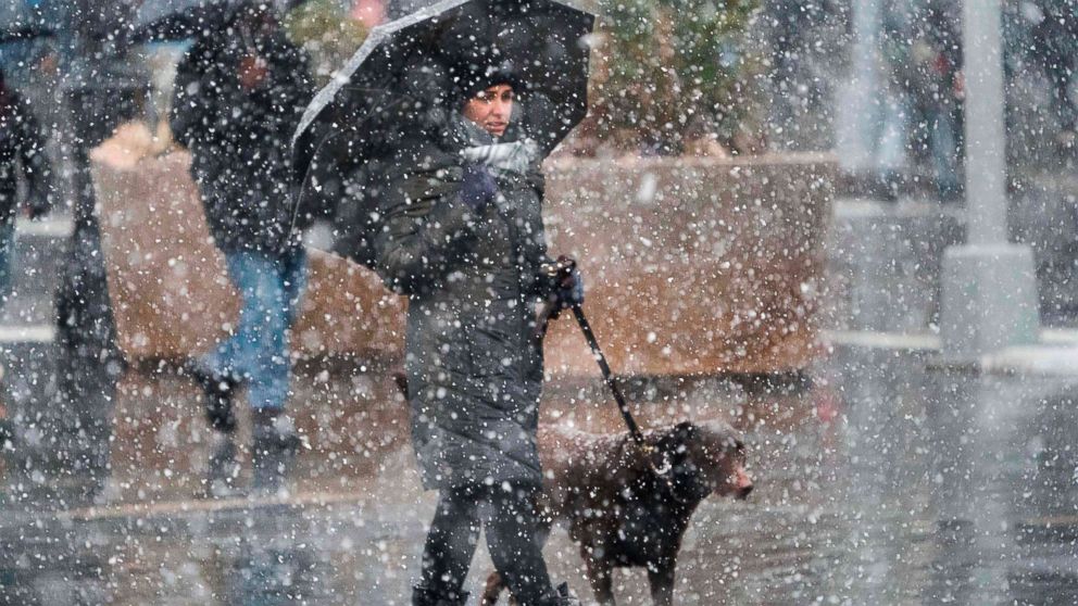 PHOTO: A woman walks her dog down 14th Street as heavy snow falls March 7, 2018 at Union Square in New York.