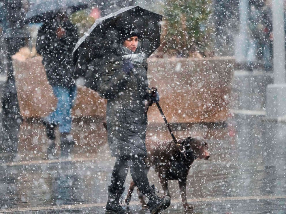 PHOTO: A woman walks her dog down 14th Street as heavy snow falls March 7, 2018 at Union Square in New York.