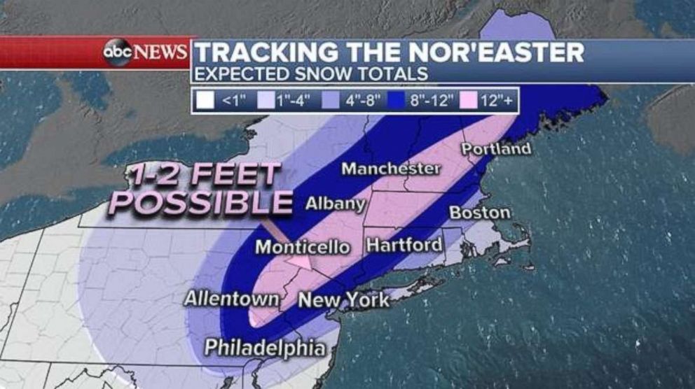 PHOTO: Over a foot of snow is possible in the area highlighted in pink, all north and west of major cities (northern NJ/Hudson Valley, and in the higher elevations of PA, NJ, and NY (including Poconos and Catskills, could see up to 2 feet, March 7, 2018.