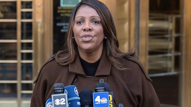 FILE - New York Attorney General Letitia James speaks during a news conference outside Manhattan federal court in New York on Feb. 14, 2025. (AP Photo/Yuki Iwamura, File)