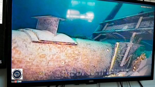 FILE - In this photo shot from a television screen provided by the Michigan Department of Environment, Great Lakes, and Energy in June 2020, shows damage to anchor support EP-17-1 on the east leg of the Enbridge Line 5 pipeline within the Straits of Mackinac in Mich. (Michigan Department of Environment, Great Lakes, and Energy via AP, File)