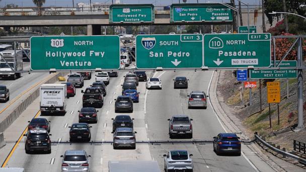 Traffic converges on a freeway Thursday, May 22, 2025, in Los Angeles. (AP Photo/Jae C. Hong)
