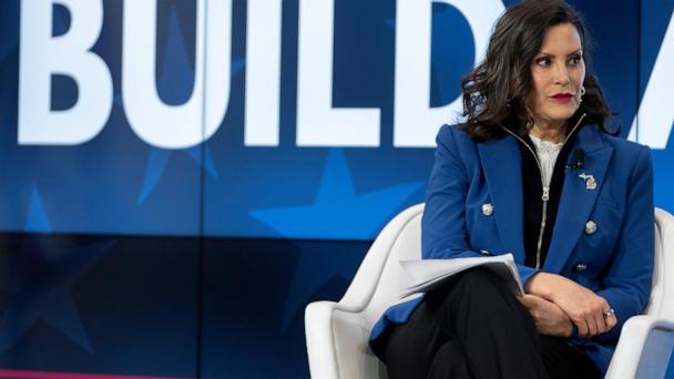 FILE - Michigan Gov. Gretchen Whitmer speaks with former television journalist Gretchen Carlson, not shown, at an event on April 9, 2025, in Washington. (AP Photo/Mark Schiefelbein, File)