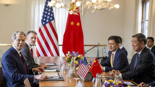 U.S. Secretary of the Treasury Scott Bessent, left, U.S. Trade Representative Jamieson Greer, second left, Chinese ambassador to the World Trade Organization Li Chenggang, second right, and Chinese Vice Premier He Lifeng, right, attend a bilateral meeting between the United States and China, in Geneva, Switzerland, on Saturday, May 10, 2025. (Martial Trezzini/Keystone via AP)