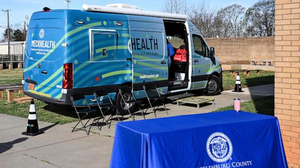A mobile health unit is parked outside of Independence High School in Charlotte, N.C., on Wednesday, March 19, 2025. (AP Photo/Matt Kelley)