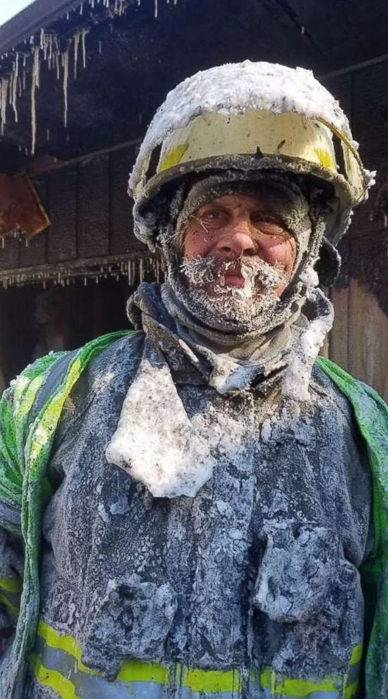 PHOTO: Fire Chief Mitch Hansen in Cameron, Wis., on Wednesday, Jan. 30, 2019, after battling a house fire in minus 50 wind chills. The overspray from the hoses was hitting firefighters as ice pellets.