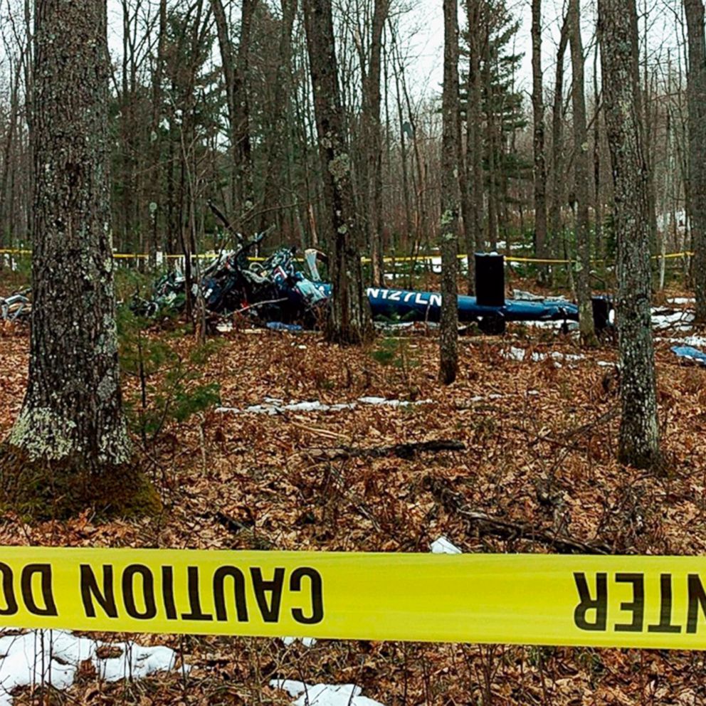 PHOTO: This image provided by the Oneida County Sheriff's Office in Rhinelander, Wis., shows the wreckage of a medical helicopter that was found early Friday, April 27, 2018, after it crashed in Hazelhurst, Wis.