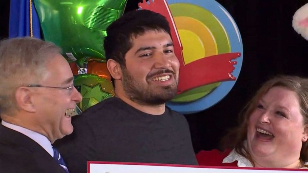 PHOTO: Manuel Franco is named the winner of a $768 million Powerball jackpot during a press conference in Madison, Wis., April 23, 2019.