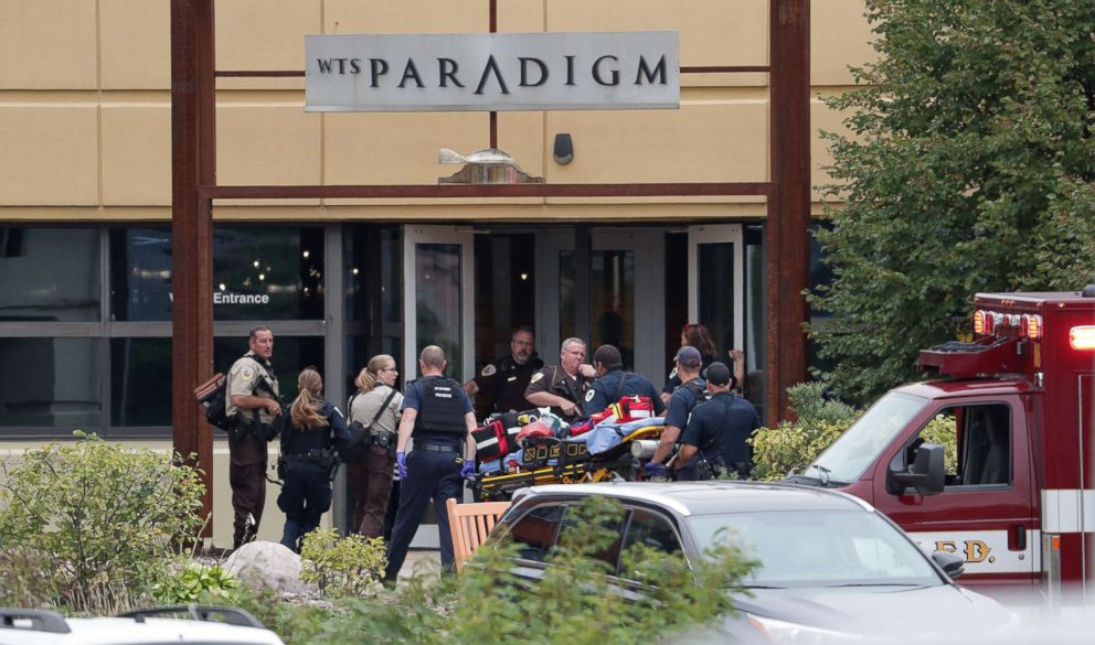 PHOTO: Emergency personnel arrive on the scene of a shooting at a software company in Middleton, Wis., Sept. 19, 2018.