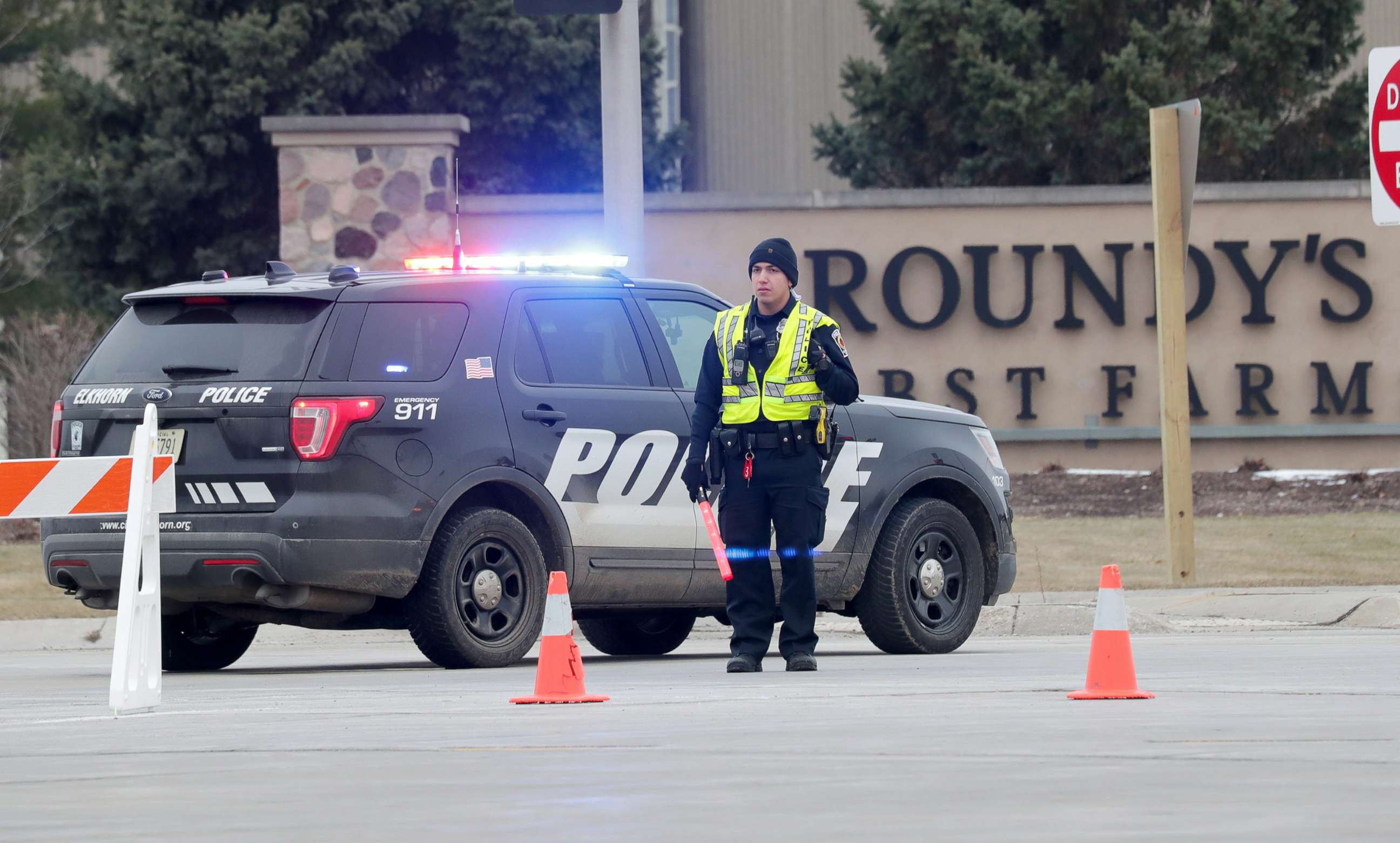 PHOTO: Police respond to an incident at the Roundy's Distribution Warehouse in Oconomowoc, Wisc., March 17, 2021.
