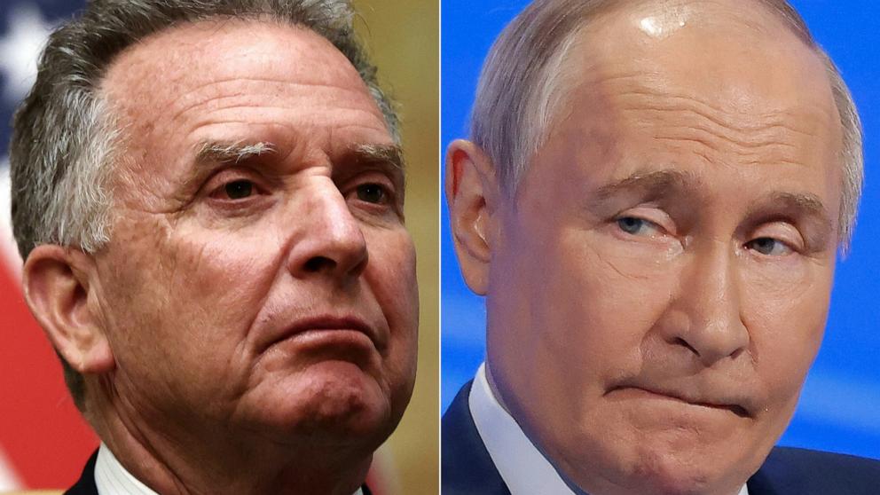 PHOTO: Middle East envoy Steve Witkoff in Riyadh, Saudi Arabia, Feb. 18, 2025 and Russian President Vladimir Putin in Moscow, March 18, 2025.