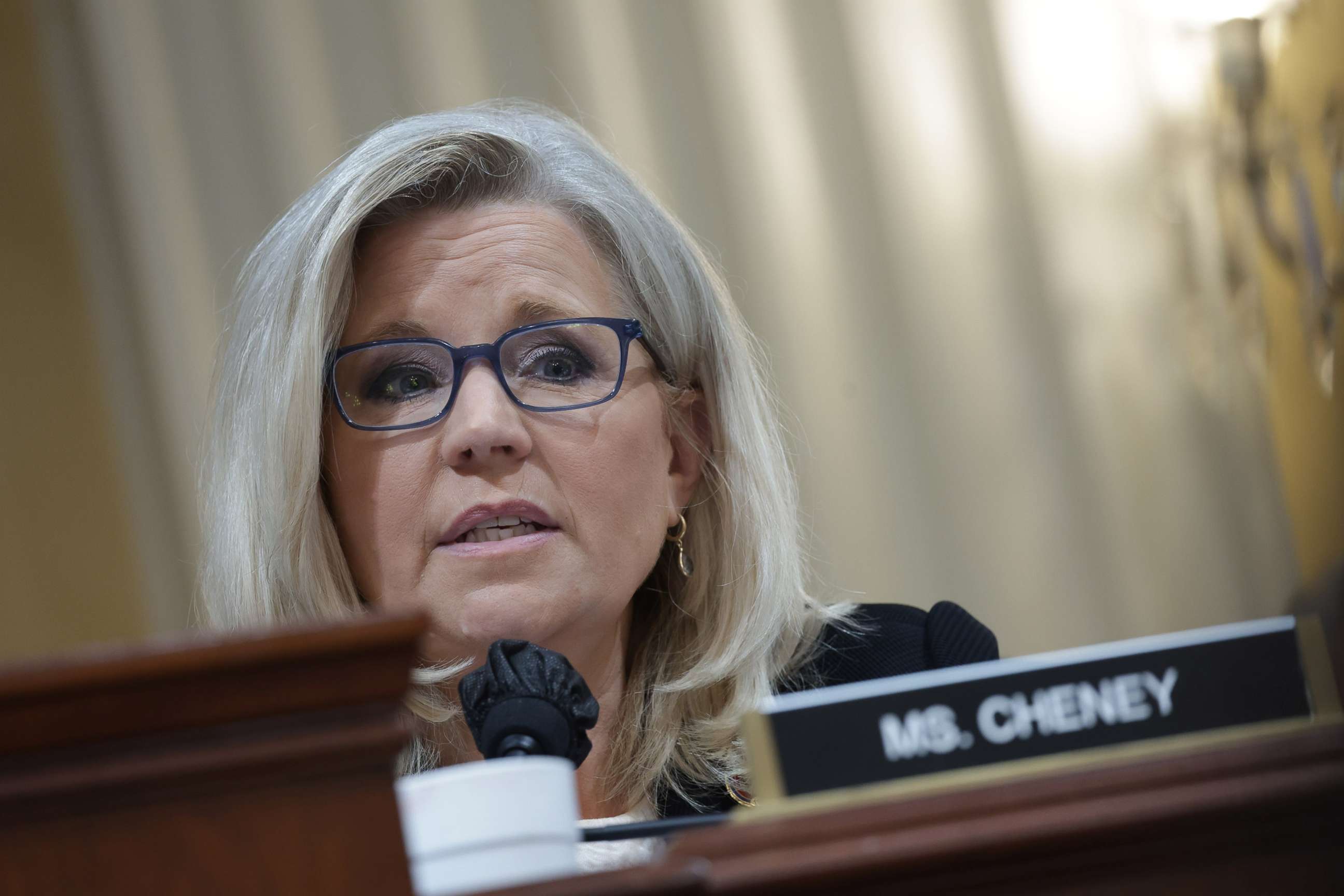PHOTO: Rep. Liz Cheney, Vice Chairwoman of the Select Committee to Investigate the January 6th Attack on the U.S. Capitol, delivers remarks during a hearing in Washington, July 12, 2022.