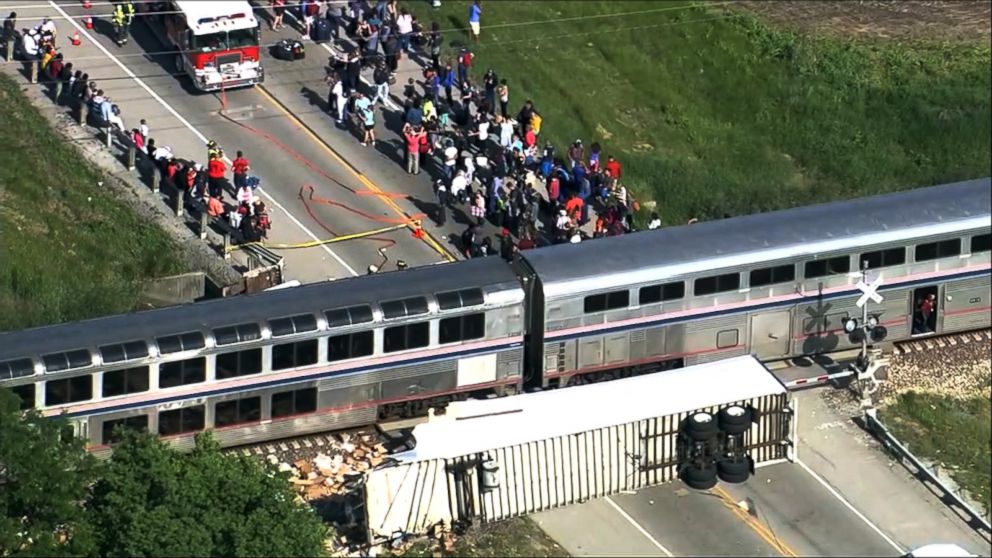 An image made from aerial footage shows the scene where an Amtrak train collided with a truck outside Wilmington, Ill., June 5, 2015.