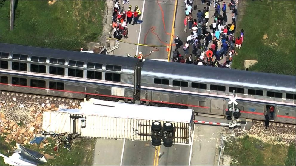 PHOTO: An image made from aerial footage shows the scene where an Amtrak train collided with a truck outside Wilmington, Ill., June 5, 2015.