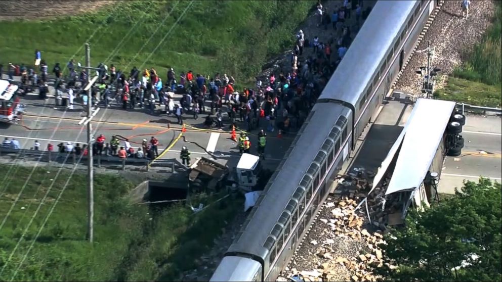 PHOTO: An image made from aerial footage shows the scene where an Amtrak train collided with a truck outside Wilmington, Ill., June 5, 2015.