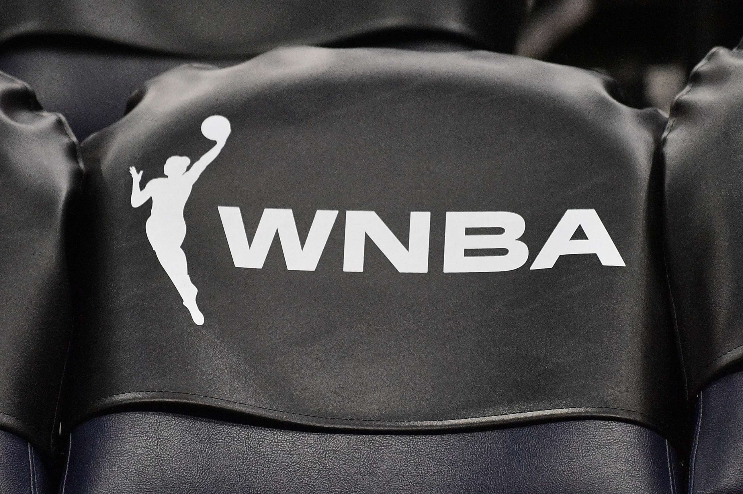 PHOTO: The WNBA logo is seen on a chair back during a game between the Minnesota Lynx and the Chicago Sky at Target Center, May 25, 2019, in Minneapolis.