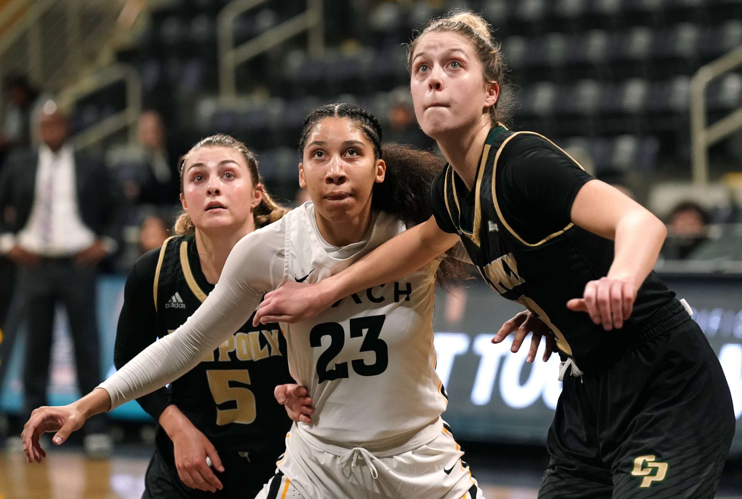 PHOTO: Long Beach State plays a game against Cal Poly Mustangs during a basketball tournament in Long Beach, Calif., March 10, 2020, without fans in the early days of the coronavirus pandemic.
