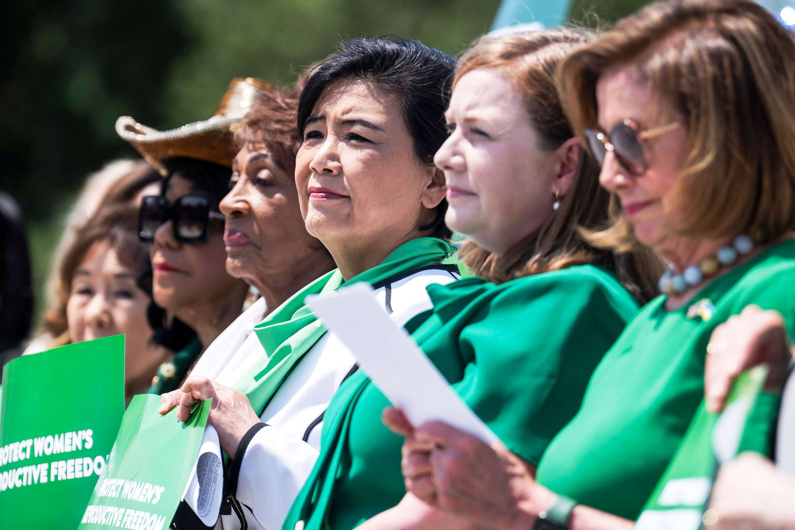 PHOTO: Rep. Judy Chu is flanked by (from right) Speaker of the House Nancy Pelosi, Reps. Lizzie Fletcher, Maxine Waters, and Frederica Wilson, as they attend a rally on the steps of the U.S. Capitol, July 15, 2022.