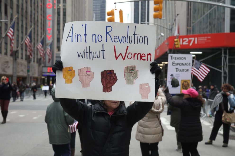 PHOTO: A demonstrator holds a sign at the Women's March in New York, Jan. 19, 2019. 