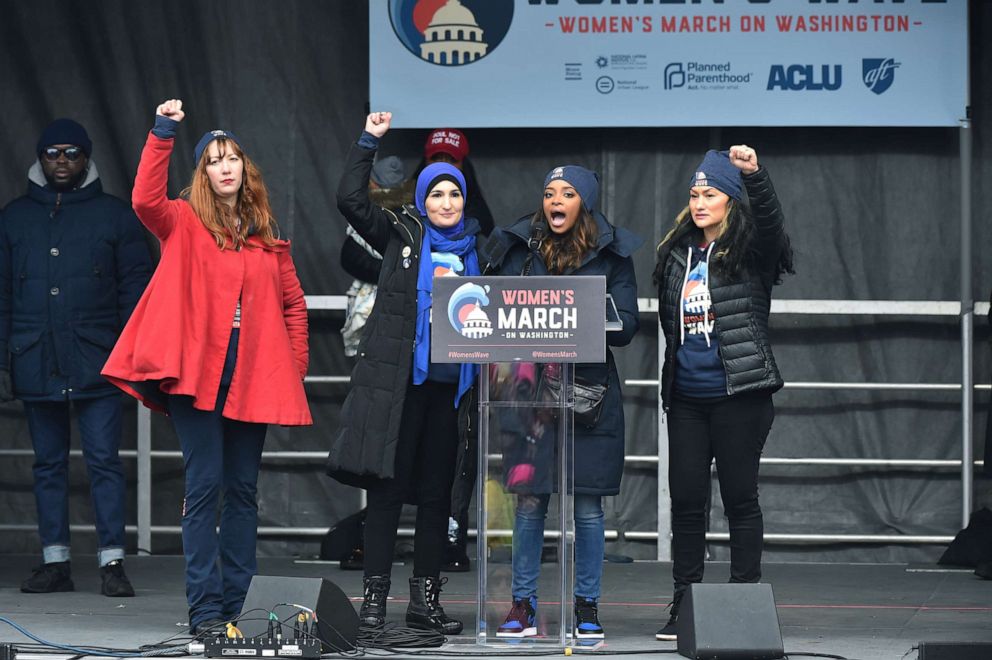 PHOTO: March Organizers Bob Bland, Tamika Mallory, Linda Sarsour, and Carmen Perez-Jordan speak on stage during the Women's March, Jan. 19, 2019, in Washington, D.C. 