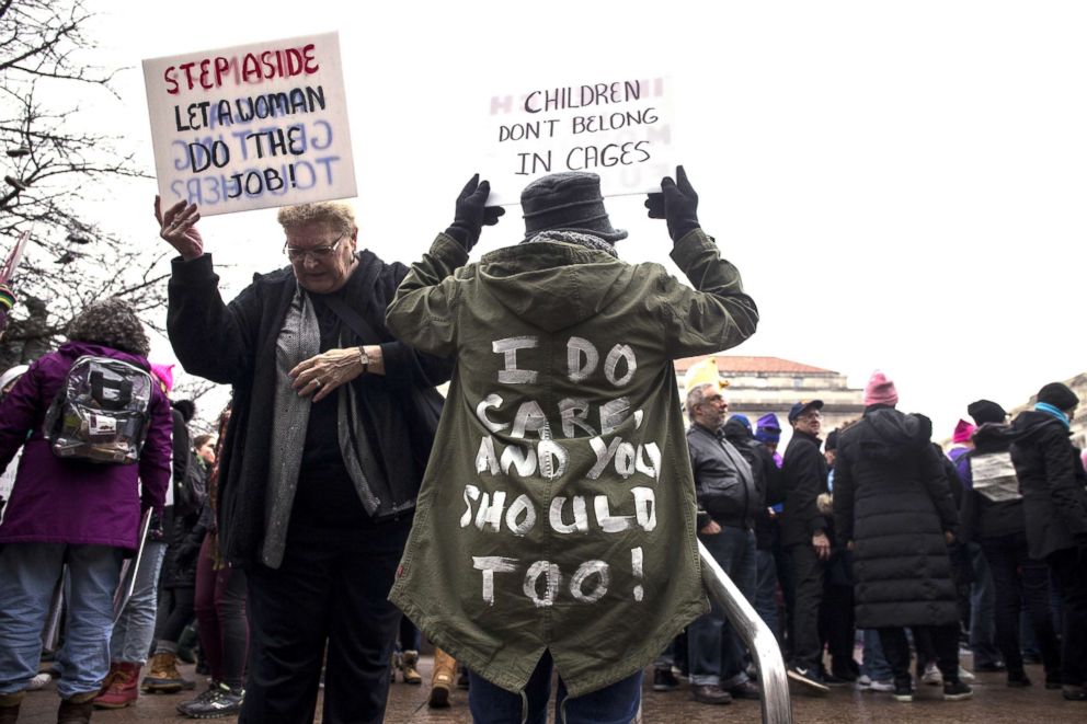 PHOTO: Demonstrators hold signs during the Women's March on Jan.19, 2019, in Washington, D.C.