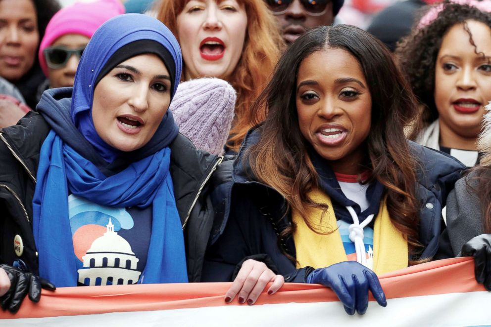 PHOTO: Linda Sarsour and Tamika Mallory, two of the organisers of the Women's March, walk together on Pennsylvania Avenue during the third annual Women's March in Washington, Jan. 19, 2019. 