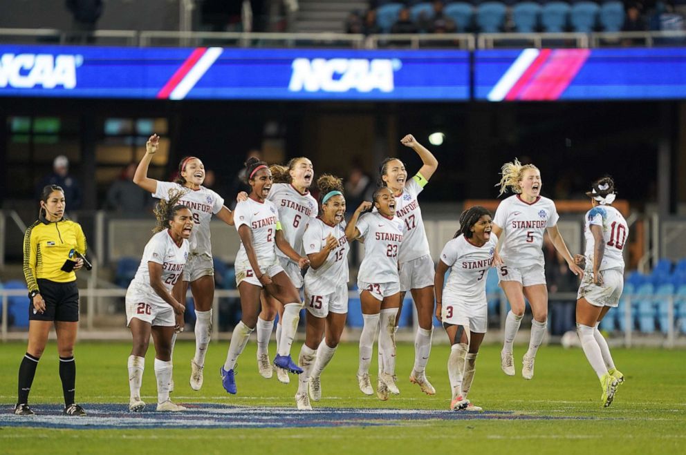 PHOTO: Stanford Cardinal players celebrate during a game between UNC and Stanford Soccer W at Avaya Stadium on Dec. 8, 2019 in San Jose, Calif.