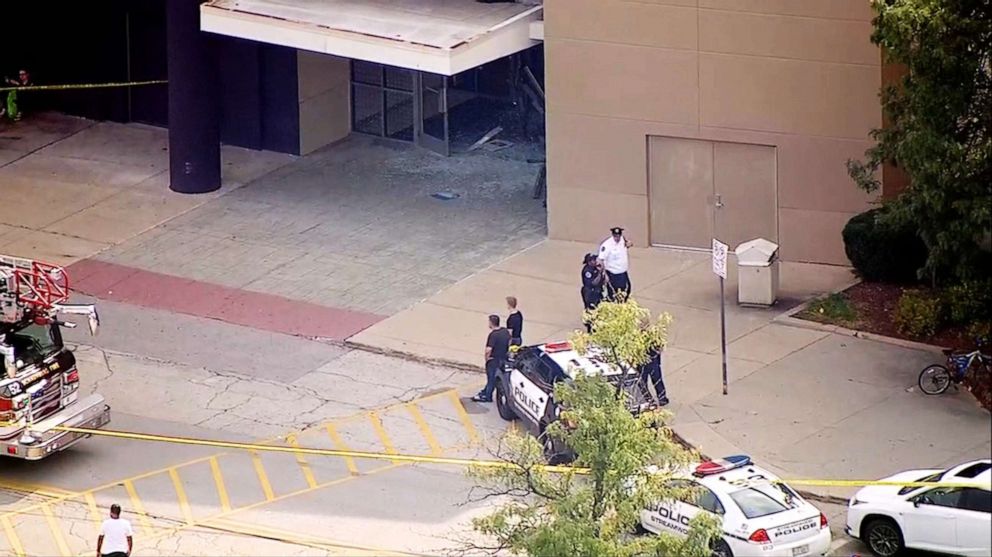 PHOTO: Police and firefighters respond after reports of a car crashing into Woodfield Mall in Schaumburg, Ill., Sept. 20, 2019.