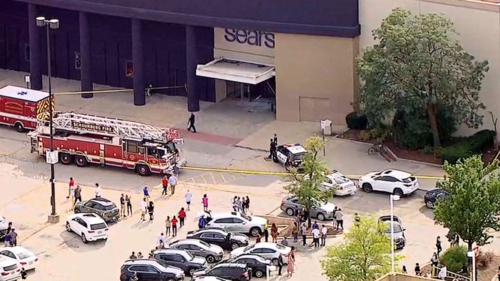 PHOTO: Police and firefighters respond after reports of a car crashing into Woodfield Mall in Schaumburg, Ill., Sept. 20, 2019.