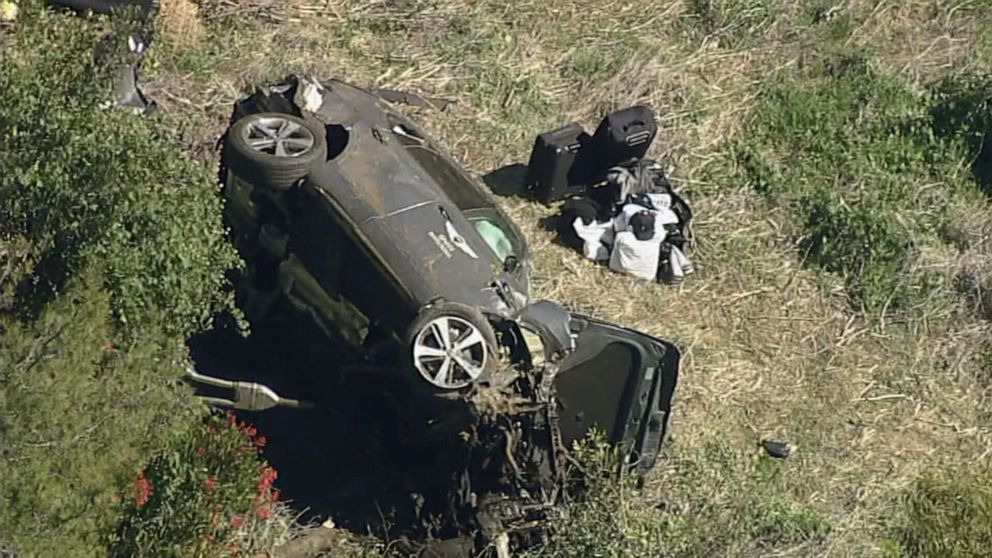 PHOTO: Aerial footage the rollover crash involving Tiger Woods, Feb. 23, 2021, in Los Angeles.