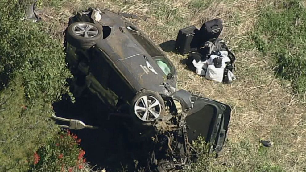PHOTO: Aerial footage the rollover crash involving Tiger Woods, Feb. 23, 2021, in Los Angeles.