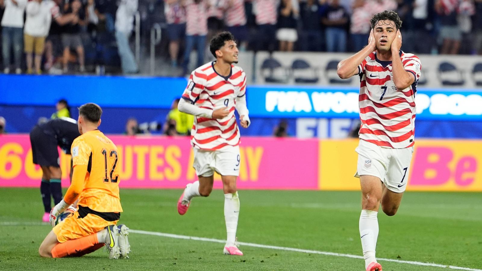 PHOTO: United States' Giovanni Reyna, right, reacts after scoring his team's fourth goal during the World Cup Group D soccer match between the United States and Paraguay in Inglewood, Calif., near Los Angeles, June 12, 2026.