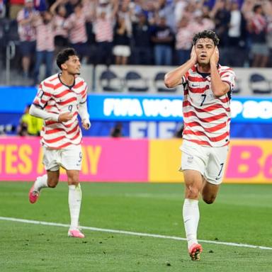 PHOTO: United States' Giovanni Reyna, right, reacts after scoring his team's fourth goal during the World Cup Group D soccer match between the United States and Paraguay in Inglewood, Calif., near Los Angeles, June 12, 2026.