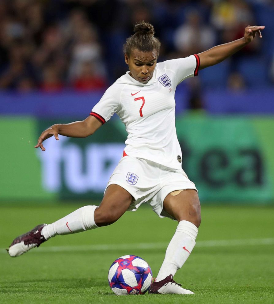 PHOTO: England's Nikita Parris shoots a penalty kick during the Women's World Cup quarterfinal soccer match between Norway and England at the Oceane stadium in Le Havre, France, June 27, 2019.