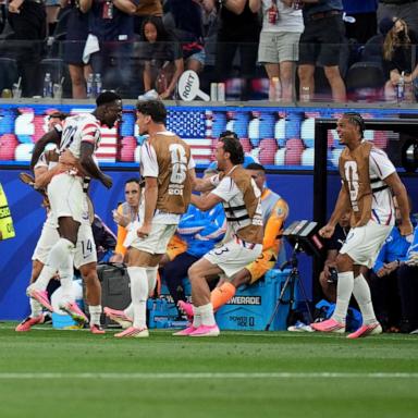 PHOTO: Folarin Balogun of USA (C) celebrates with his teammates after scoring a goal during the FIFA World Cup 2026 group stage match against Paraguay, in Los Angeles, California, June 12, 2026.