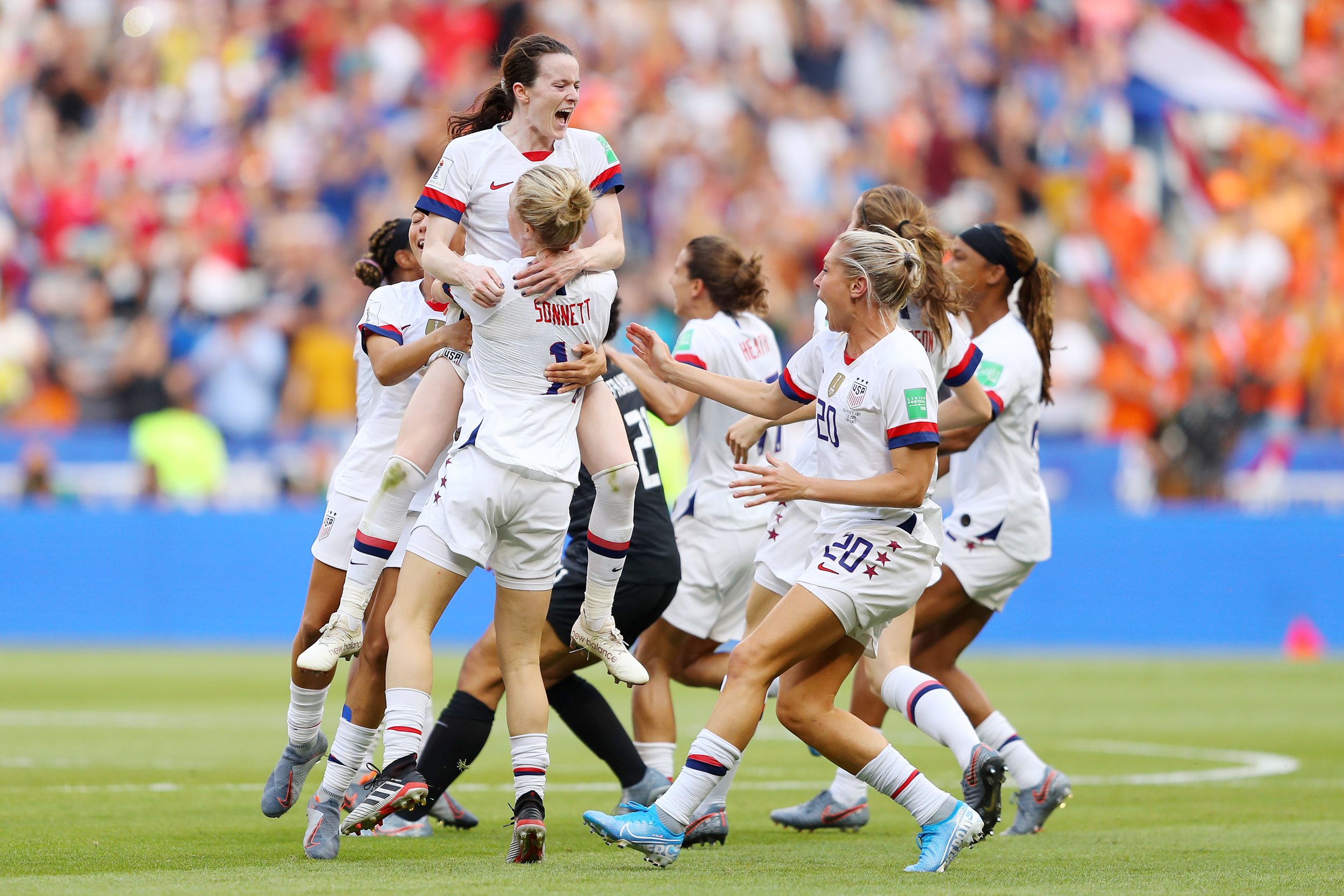 PHOTO: Rose Lavelle celebrates with Emily Sonnett and teammates at full-time after winning the 2019 FIFA Women's World Cup France Final match between the U.S. and The Netherlands at Stade de Lyon on July 07, 2019 in Lyon, France.