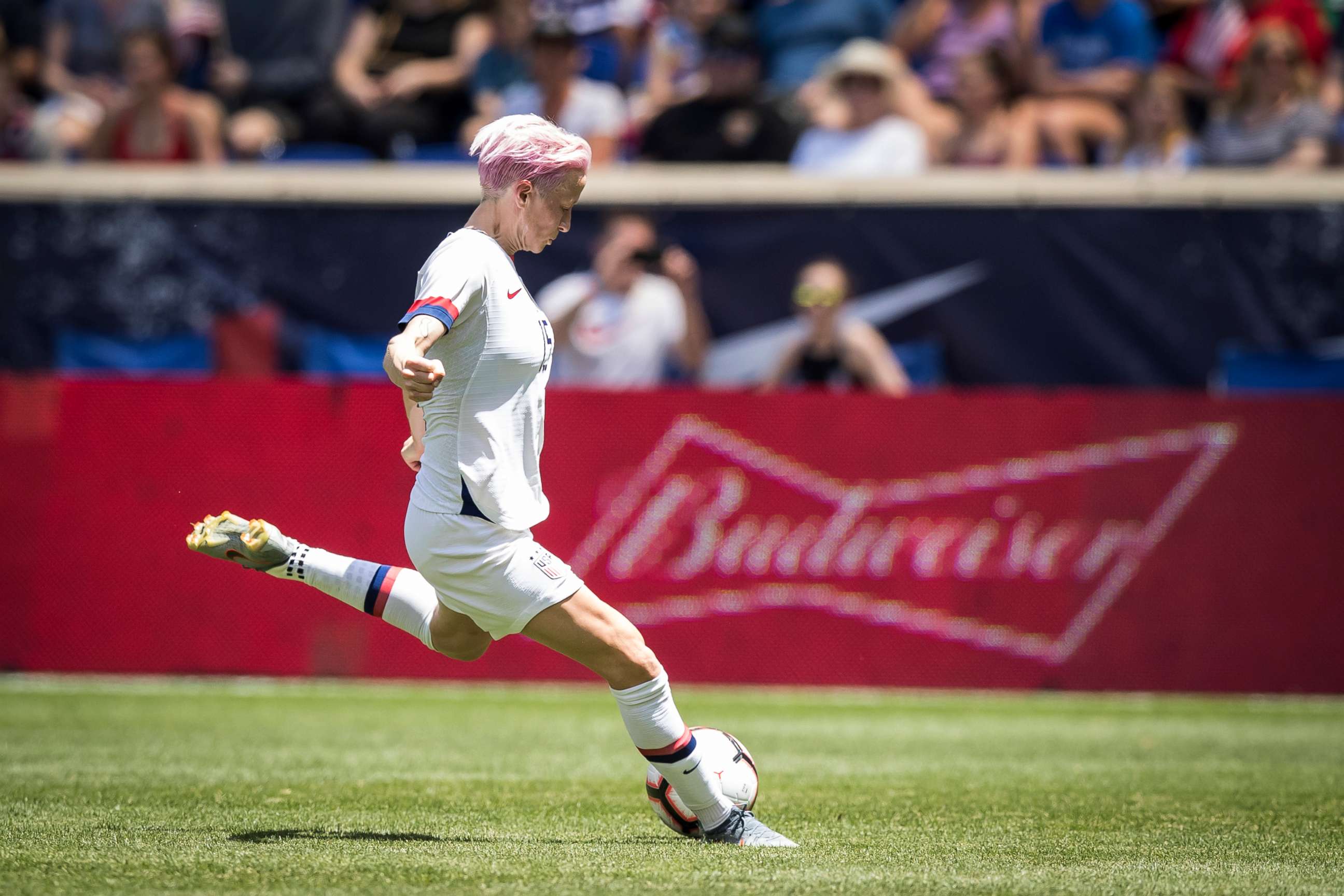 PHOTO: Megan Rapinoe of United States takes the shot on goal during the International Friendly match the U.S. Women's National Team and Mexico as part of the Send Off Series prior to the FIFA Women's World Cup, May 26, 2019, in Harrison, N.J.