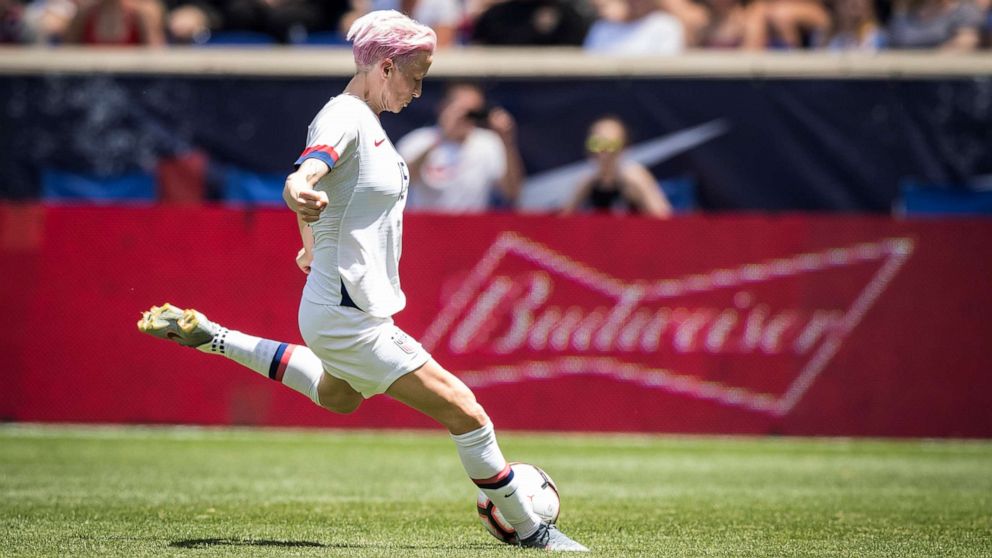 PHOTO: Megan Rapinoe of United States takes the shot on goal during the International Friendly match the U.S. Women's National Team and Mexico as part of the Send Off Series prior to the FIFA Women's World Cup, May 26, 2019, in Harrison, N.J.