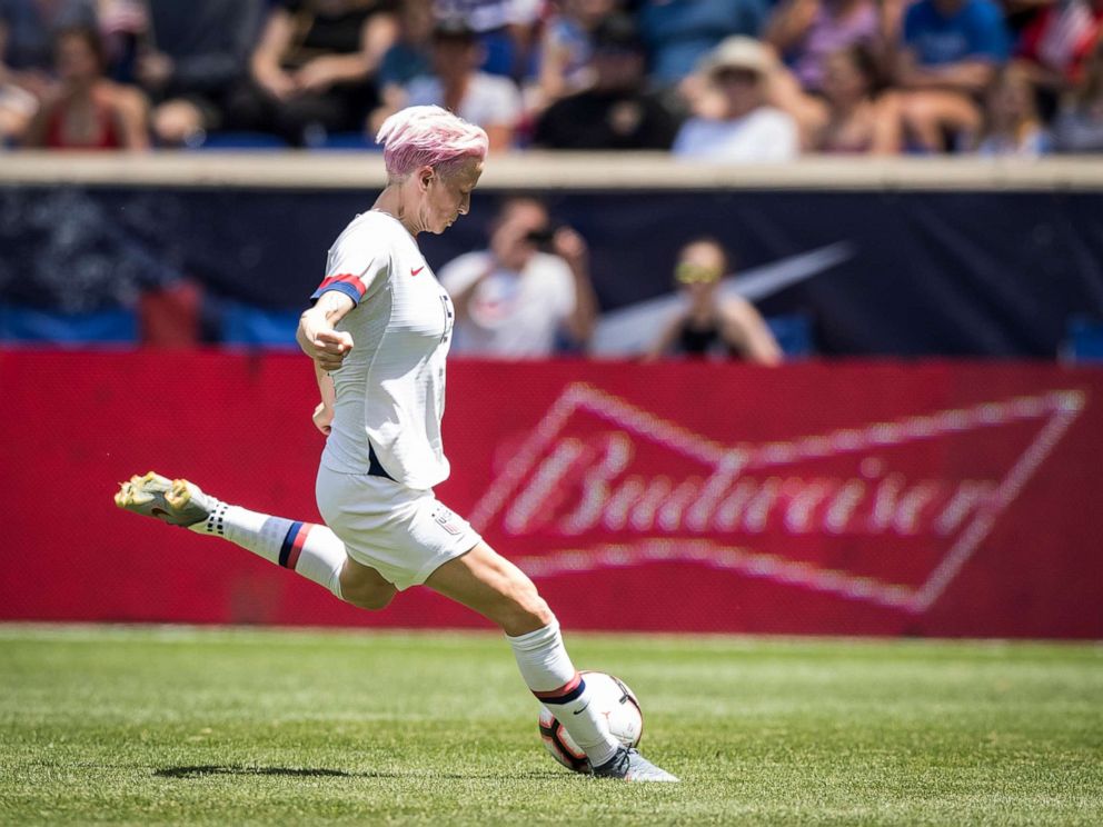 PHOTO: Megan Rapinoe of United States takes the shot on goal during the International Friendly match the U.S. Womens National Team and Mexico as part of the Send Off Series prior to the FIFA Womens World Cup, May 26, 2019, in Harrison, N.J.