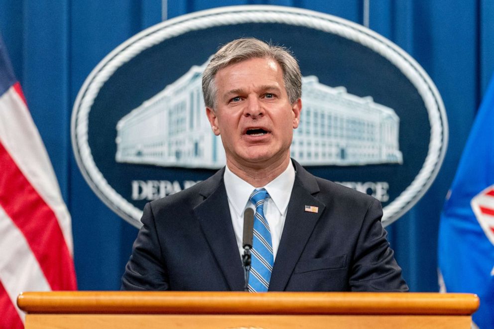 PHOTO: FBI Director Christopher Wray speaks at a news conference at the Justice Department in Washington, D.C., Nov. 8, 2021.