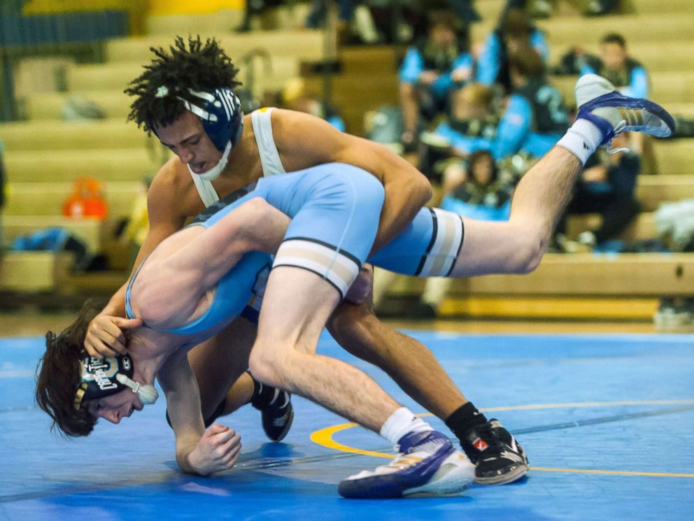 PHOTO: Buena High School wrestler Andrew Johnson wrestles Lower Cape May's Bobby O'Brien at 126lb at Buena Regional High School, Jan. 17, 2018, in Buena, N.J. 