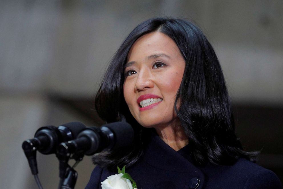 PHOTO: Boston Mayor Michelle Wu speaks during the swearing-in ceremony for the Boston City Council outside City Hall in Boston, Jan. 3, 2022.  