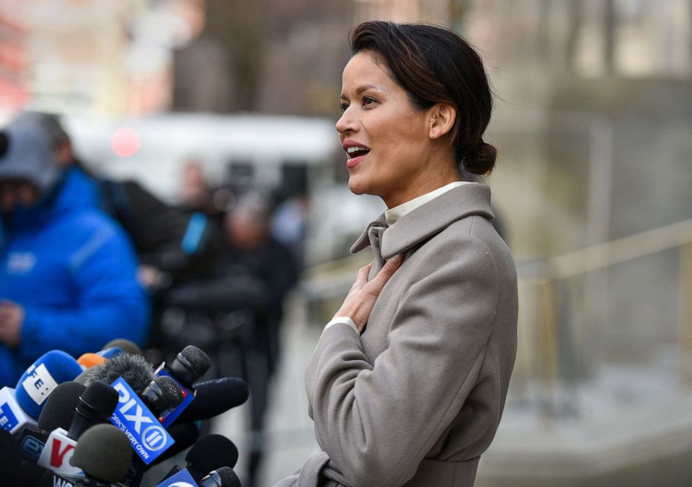 PHOTO: Tarale Wulff speaks to the press after Harvey Weinstein's sentencing, in New York, March 11, 2020.