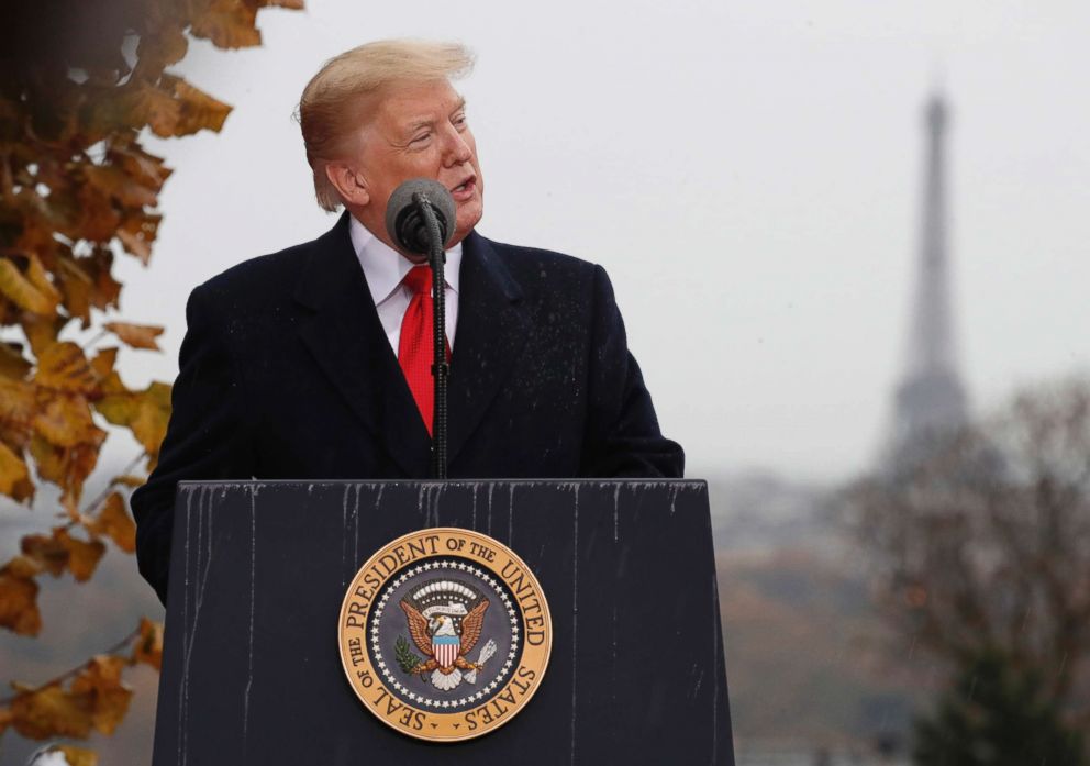 PHOTO: President Donald Trump speaks during an American Commemoration Ceremony, Nov. 11, 2018, at Suresnes American Cemetery near Paris.