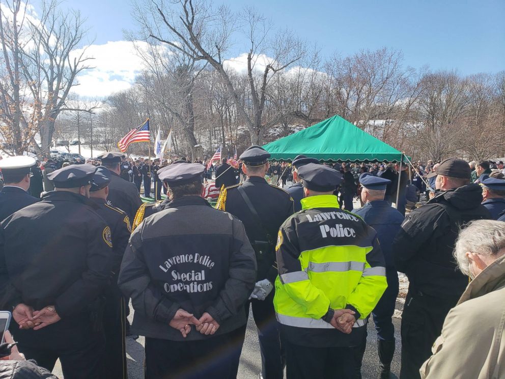 PHOTO: The Lawrence Police Department take part in the funeral services for World War II Veteran James McCue buried in the Veterans Section of Bellevue Cemetery in Lawrence, Mass., Feb. 14, 2019. 
