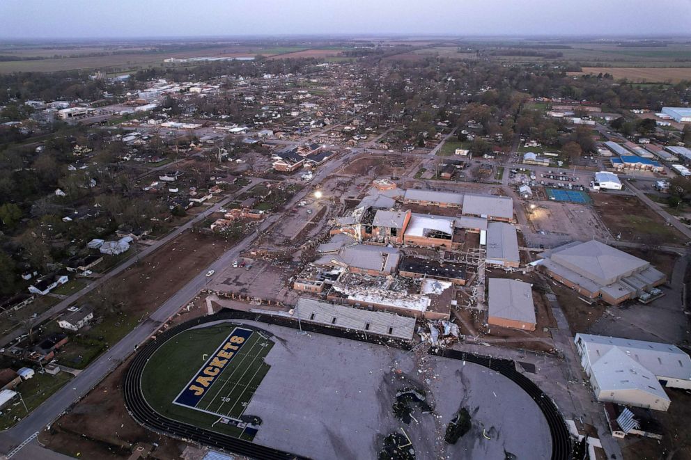 PHOTO: This aerial view shows the damage following a tornado in Wynne, Arkansas, on April 1, 2023.